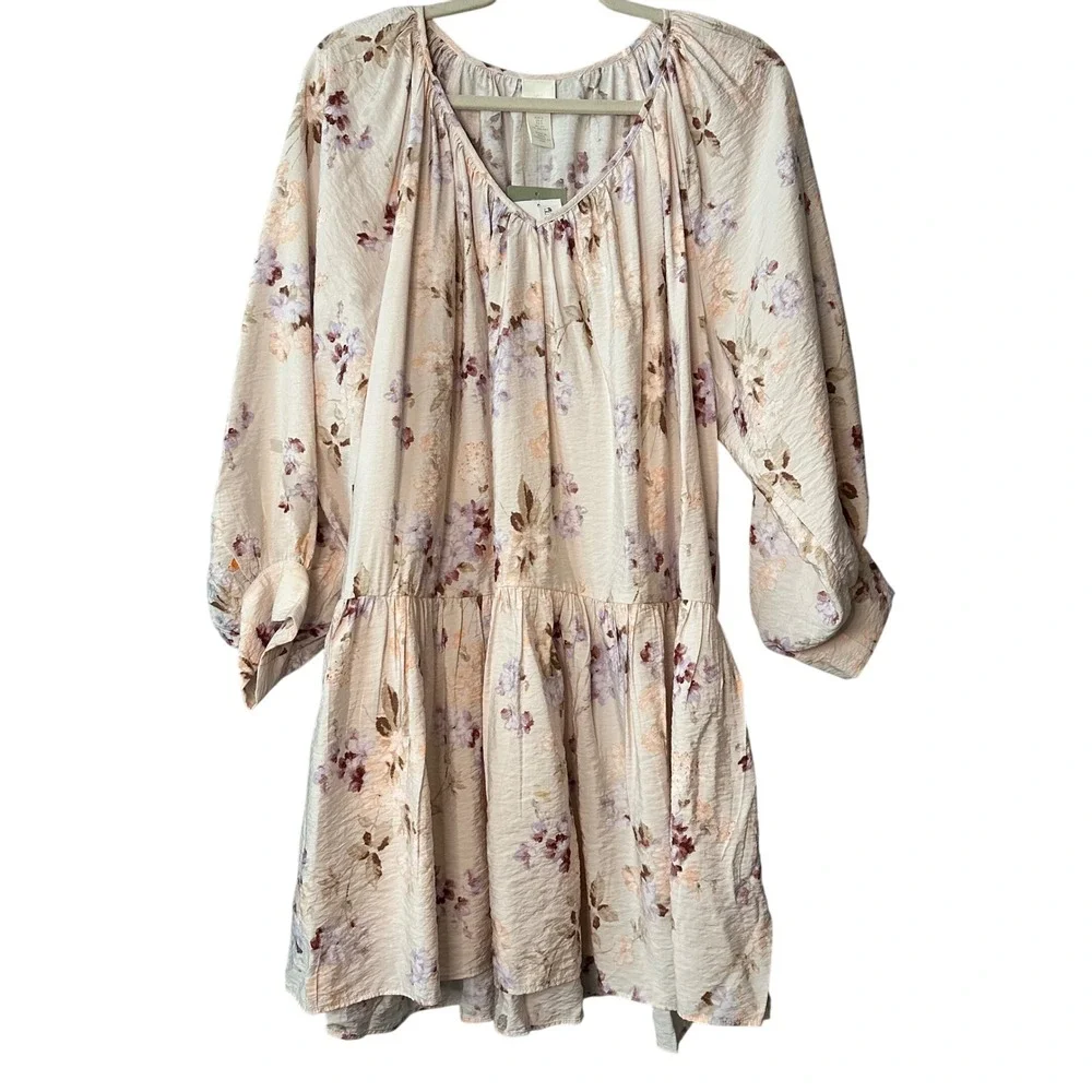 H&M Floral Print Mini Dress‎ Long Sleeve Tiered Hem V Neck Beige Size S